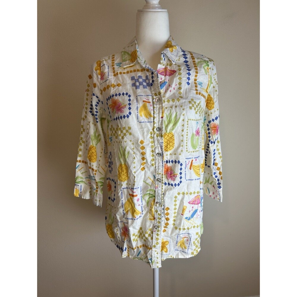CALYPSO ST BARTH M Linen Beach Italian Shirt Button Down Cover Up Fruit Tropical